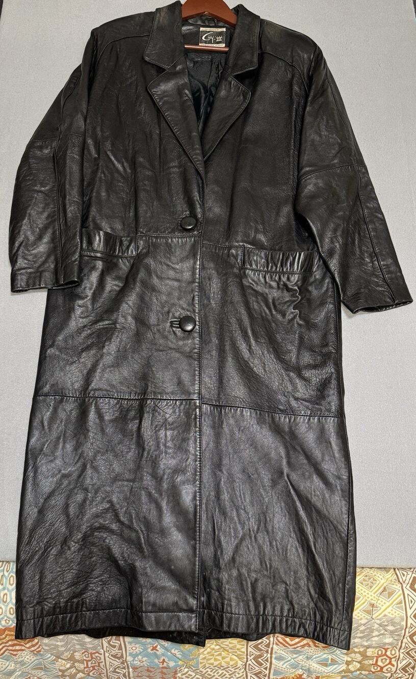 Vintage Global Identity Men Black Leather Trench Coat Size M Pre- Owned